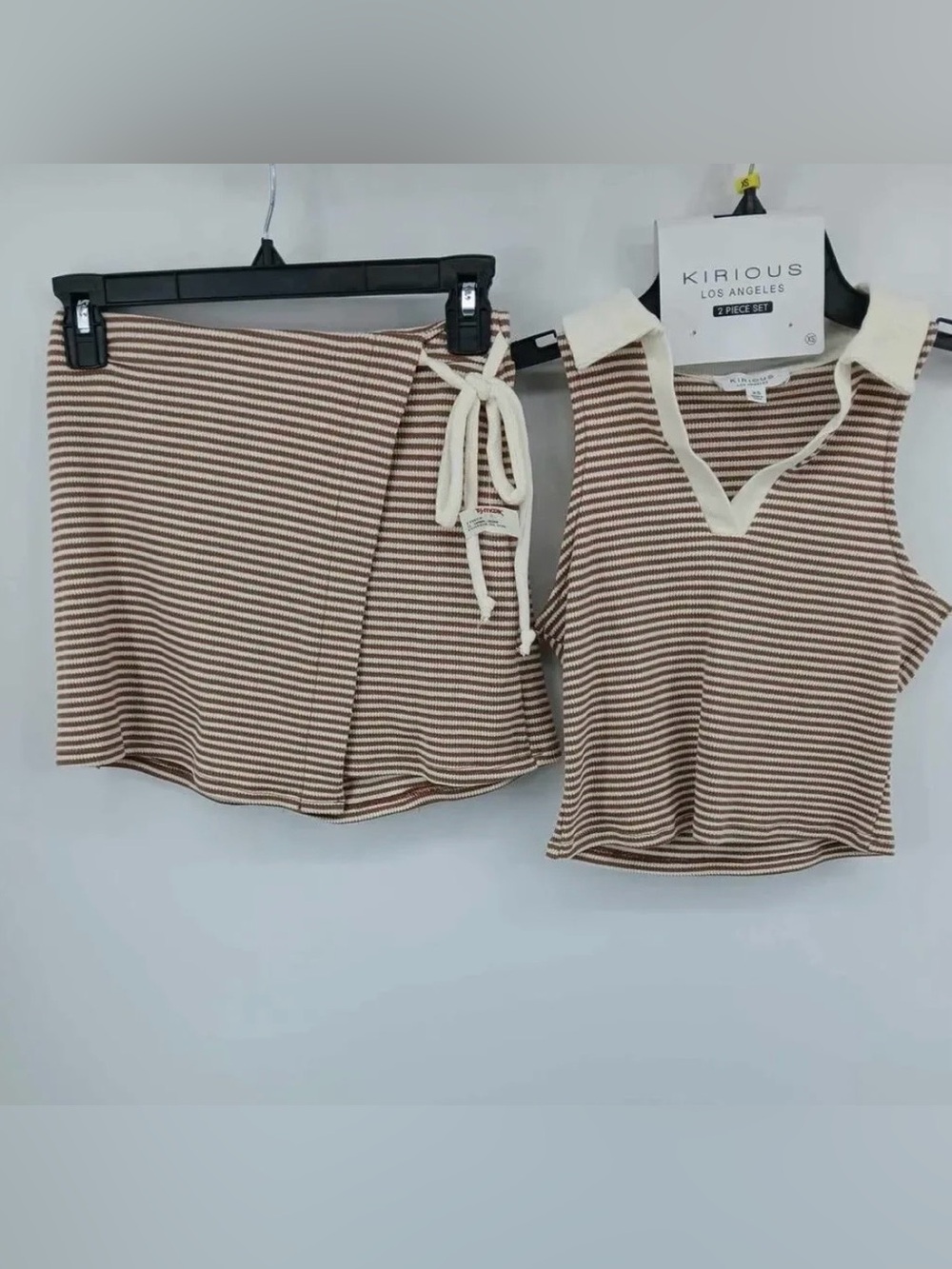KIRIOUS Brown & Cream Striped Sleeveless Knit Two Piece Set, Crop Top and Shorts